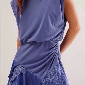 Free People Jazzy Mini Dress Sheer Lace Trim Women’s Large Blue Purple Prep Peri
